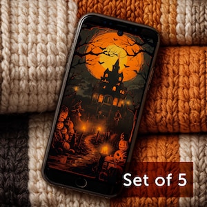 Halloween spooky wallpaper for smartphone set of 5, vintage horror style, autumn / fall aesthetic  for iOS and android immediate download