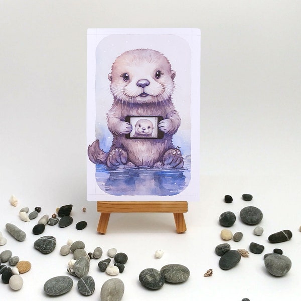 Otter Osaka with photo (inspiring story of this adorable otter in description), Original Watercolor Painting on Canvas 4"x6", Mini Painting