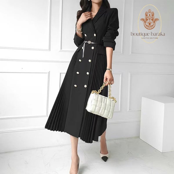 Elegant Blazer Dress With Belt And Half Sleeves - Elegant Suit Dress -  Formal Midi Dress Double breasted Pleated For Any Occasion