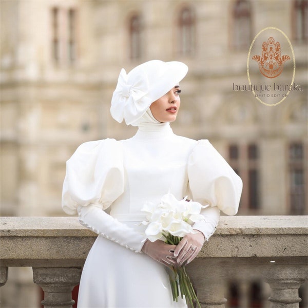 Vintage Muslim Wedding Dress With Hijab And Long Sleeves - Modest Bridal Dress - Simple Wedding Dress - Islamic Bridal Dress