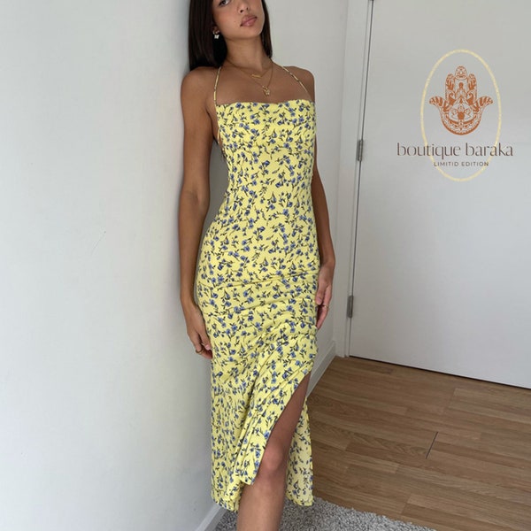 Summer Yellow Maxi Dress With Floral Design - Summer Fairy Gown - Cottagecore Backless Dress - Fairycore Flower Dress For Any Occasion