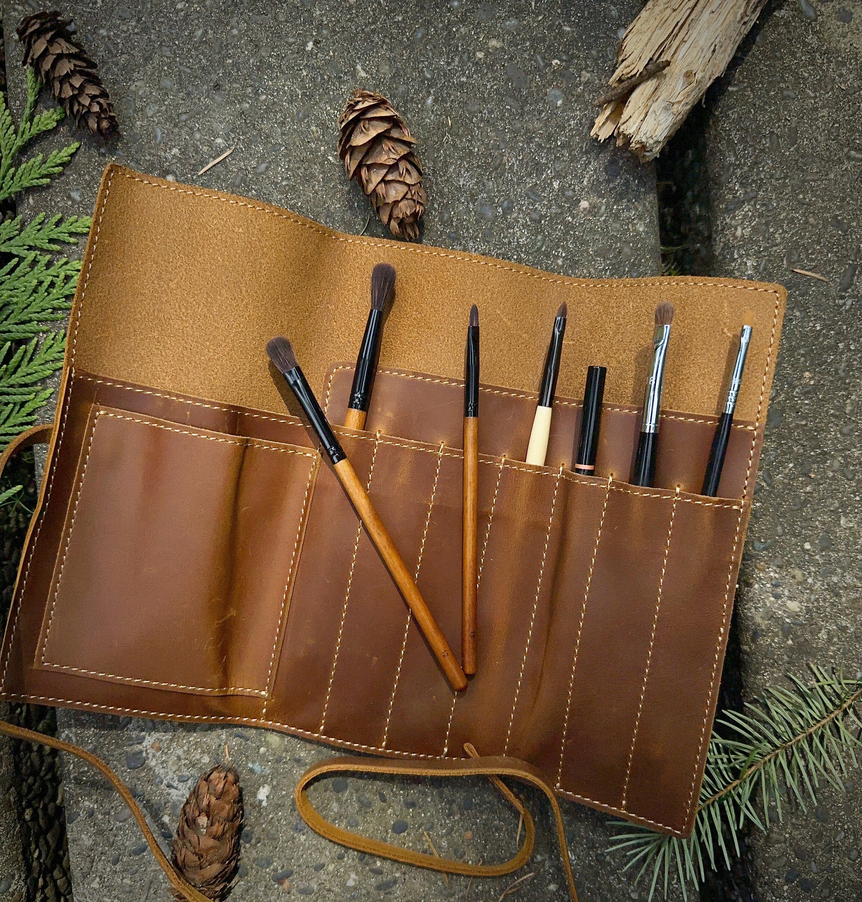 Leather pencil roll, Leather roll up pencil case, Leather pencil