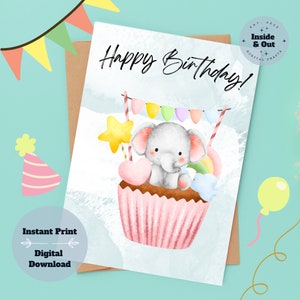 Carte d'anniversaire imprimable Kids Elephant Cupcake - une surprise fantaisiste, prête en un instant !