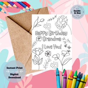 Cartão para colorir de vovó de feliz aniversário floral florescendo - download instantâneo para impressão DIY