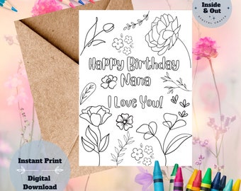 Printable Coloring Birthday Card for Nana, DIY Birthday Card Kids Gift ...