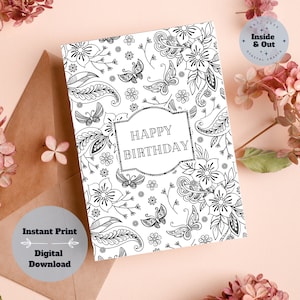 Printable Coloring Birthday Card - Blossom and Flutter with Creative Wishes!