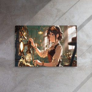 Impresión de arte mural en lienzo: Inventor Steampunk caprichoso - Arte de estilo anime en un taller intrincado