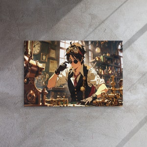 Impresión de arte mural en lienzo: Inventor Steampunk caprichoso - Arte de estilo anime en un taller intrincado