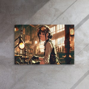 Impresión de arte mural en lienzo: Inventor Steampunk caprichoso - Arte de estilo anime en un taller intrincado