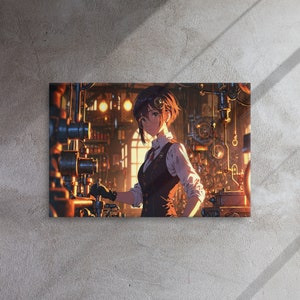 Impresión de arte mural en lienzo: Inventor Steampunk caprichoso - Arte de estilo anime en un taller intrincado