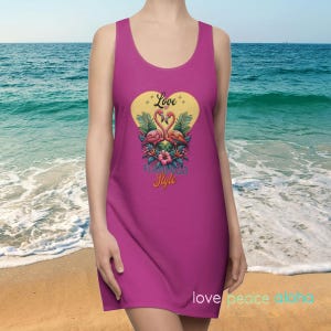 Racerback Dress, Love Peace Aloha Flamingo Love Birds Print, Women&#39;s Summer Sleeveless Hot Pink, Dress, Vacation Wear, Beach Cover-Up