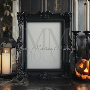 Maquete de moldura preta gótica de Halloween, maquetes de noite de Halloween, ótimo para exibir impressões de arte. Velas, Escuras e temperamentais, Abóboras de Halloween