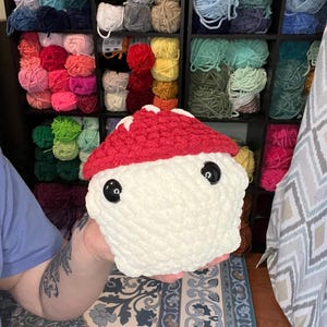 May include: A handmade, plush mushroom toy with a red cap and white stem. The mushroom has large, black button eyes and is made of soft, textured yarn. The background shows shelves filled with colorful yarn skeins.