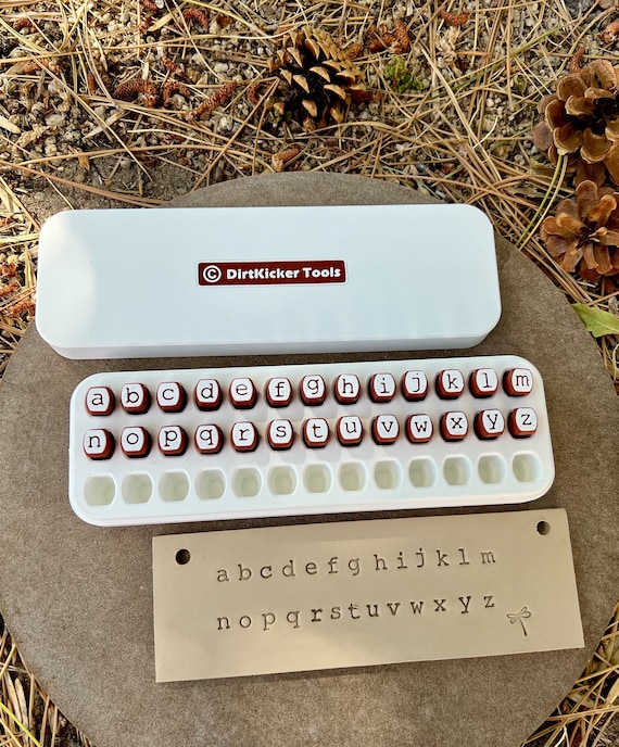 Alphabet Letter Clay Stamps with Storage Case, Courier font, Lower case Alphabet Stamps, 6mm Alphabet Stamps, by DirtKicker Tools