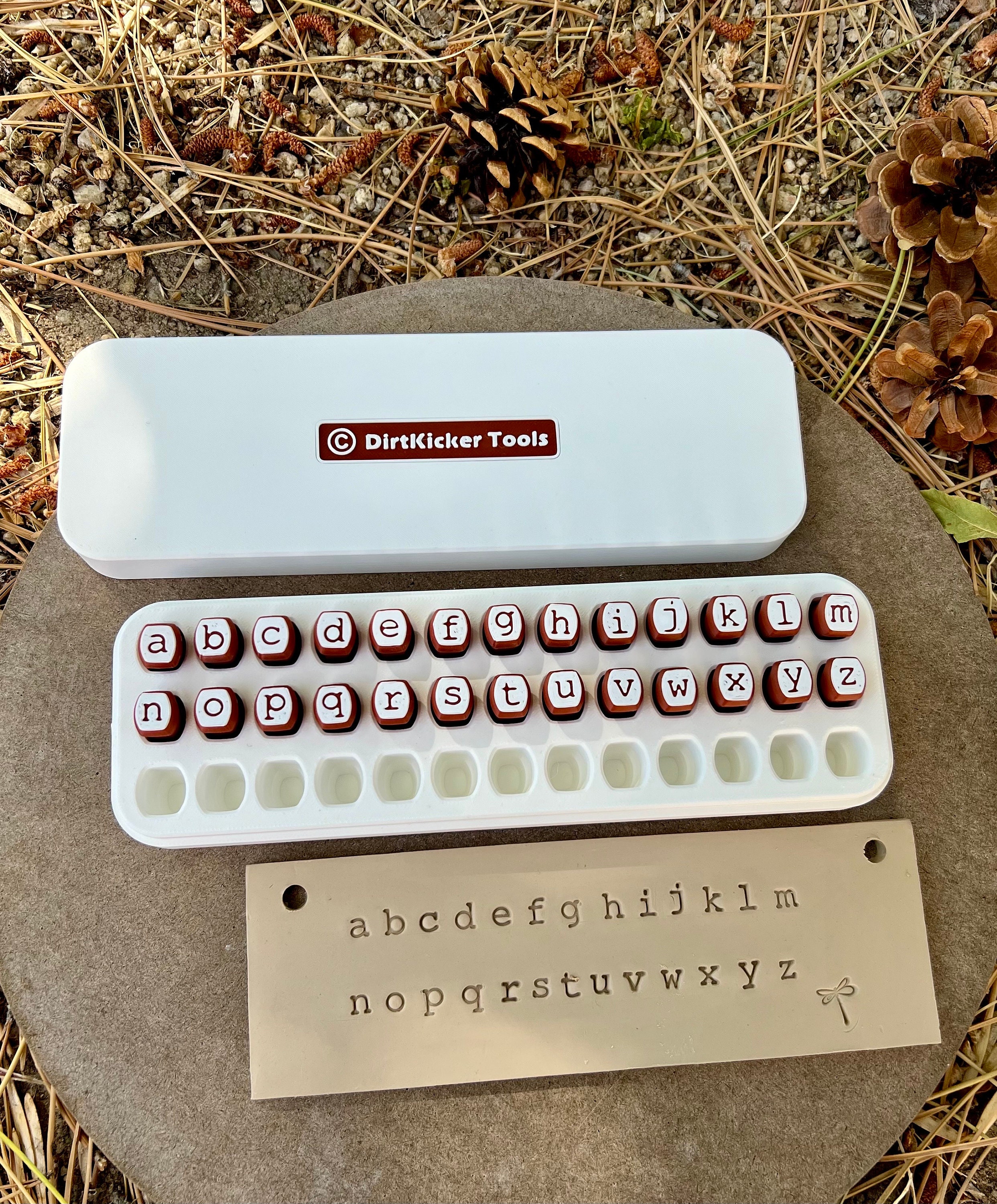 Alphabet Letter Clay Stamps with Storage Case, Courier font, Lower case Alphabet Stamps, 6mm Alphabet Stamps, by DirtKicker Tools