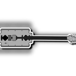 May include: A black and white illustration of a razor blade shaped like a guitar. The razor blade is the body of the guitar and the handle is the neck of the guitar.