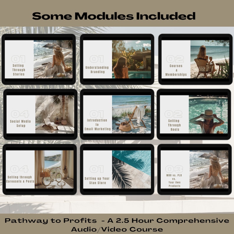 May include: A digital course outline with nine modules on how to sell products online. The modules include topics such as selling through stories, understanding branding, courses and memberships, social media setup, introduction to email marketing, selling through reels, selling through carousels and posts, setting up your shop, and creating your own products. The course is called "Pathway to Profits - A 2.5 Hour Comprehensive Audio/Video Course".