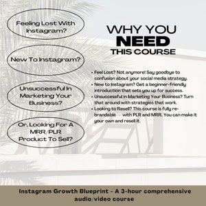 Może przedstawiać: Grafika z tekstem "WHY YOU NEED THIS COURSE" w dużych, pogrubionych, białych literach na jasnoniebieskim tle. Tekst jest otoczony białym owalem z tekstem "Feeling Lost With Instagram?" w czarnych literach. Pod gł&oacute;wnym tekstem znajdują się cztery białe owale z czarnym tekstem: "New To Instagram?", "Unsuccessful In Marketing Your Business?", "Or, Looking For A MRR/PLR Product To Sell?", oraz lista punkt&oacute;w z informacjami o kursie.