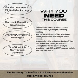 May include: A graphic with the text "WHY YOU NEED THIS COURSE" in bold black letters. The graphic also includes the text "The Pathway To Profits - A 2.5 hour comprehensive audio/video course". The graphic lists the benefits of taking the course, including learning the fundamentals of digital marketing, content creation strategies, crafting compelling messages, and crafting high converting content.
