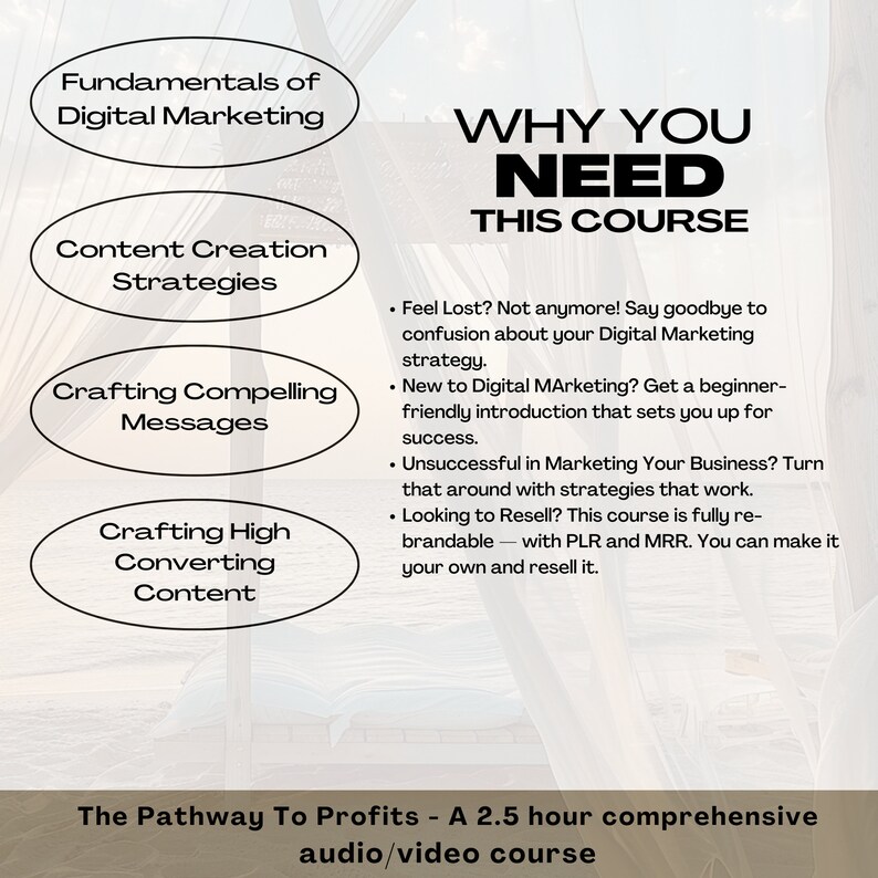 May include: A graphic with the text "WHY YOU NEED THIS COURSE" in bold black letters. The graphic also includes the text "The Pathway To Profits - A 2.5 hour comprehensive audio/video course". The graphic lists the benefits of taking the course, including learning the fundamentals of digital marketing, content creation strategies, crafting compelling messages, and crafting high converting content.