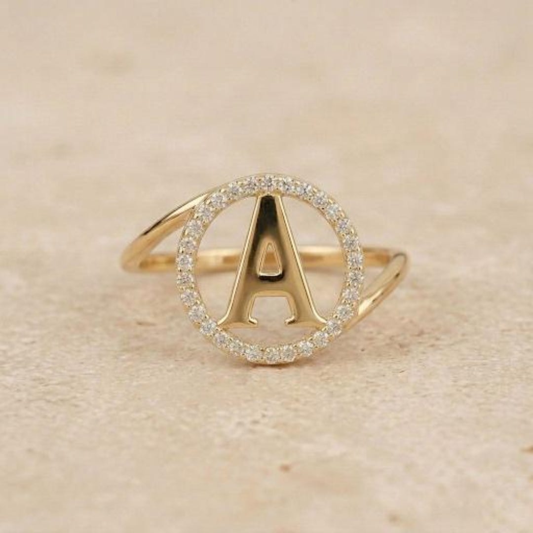 Personalized Circle Monogram Diamond Halo Initial Ring, Custom Letter ...