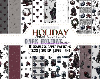 May include: A digital paper bundle with 18 seamless patterns featuring a dark holiday theme. The patterns include skulls, bats, Christmas trees, wreaths, and other festive elements in black, white, red, and gray.