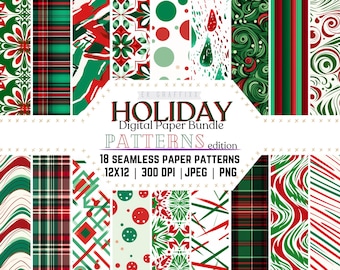 May include: A digital paper bundle with 18 seamless patterns in red, green, and white. The patterns include plaid, polka dots, swirls, and geometric designs. The text "HOLIDAY PATTERNS edition" is displayed on the image.