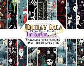 May include: A digital paper bundle with 18 seamless patterns inspired by Tim Burton's style. The patterns feature a variety of holiday-themed characters and designs, including a snowman, a gingerbread man, and a jack-o-lantern. The patterns are perfect for creating festive crafts, scrapbooking, and digital projects.