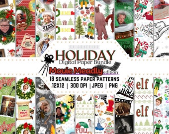Christmas Movie Digital Paper Pack: Holiday Seamless Patterns (JPG, PNG)