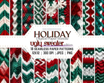 May include: A digital paper bundle of 18 seamless patterns featuring various holiday-themed ugly sweater designs. The patterns are in red, green, and white and are 12 inches by 12 inches, 300 DPI, and in JPEG and PNG formats.