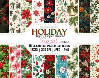 Printable Digital Paper Pack, Holiday Paper, Winter Theme Scrapbook Paper,  Christmas Crafts, Xmas Backgrounds, Christmas Pattern, Floral