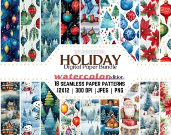 Watercolor Christmas Digital Paper Pack: Holiday Scrapbook Patterns (Digital Download)