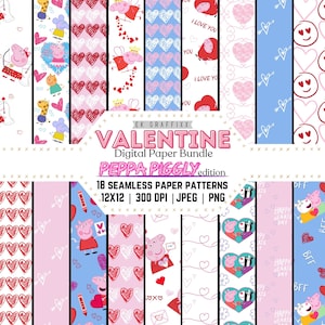 Puede incluir: Un paquete de papel digital con 18 patrones sin costuras con un tema de San Valentín. Los patrones presentan a Peppa Pig y sus amigos, corazones y otras imágenes de San Valentín. Los patrones son de 12x12 pulgadas y 300 DPI.