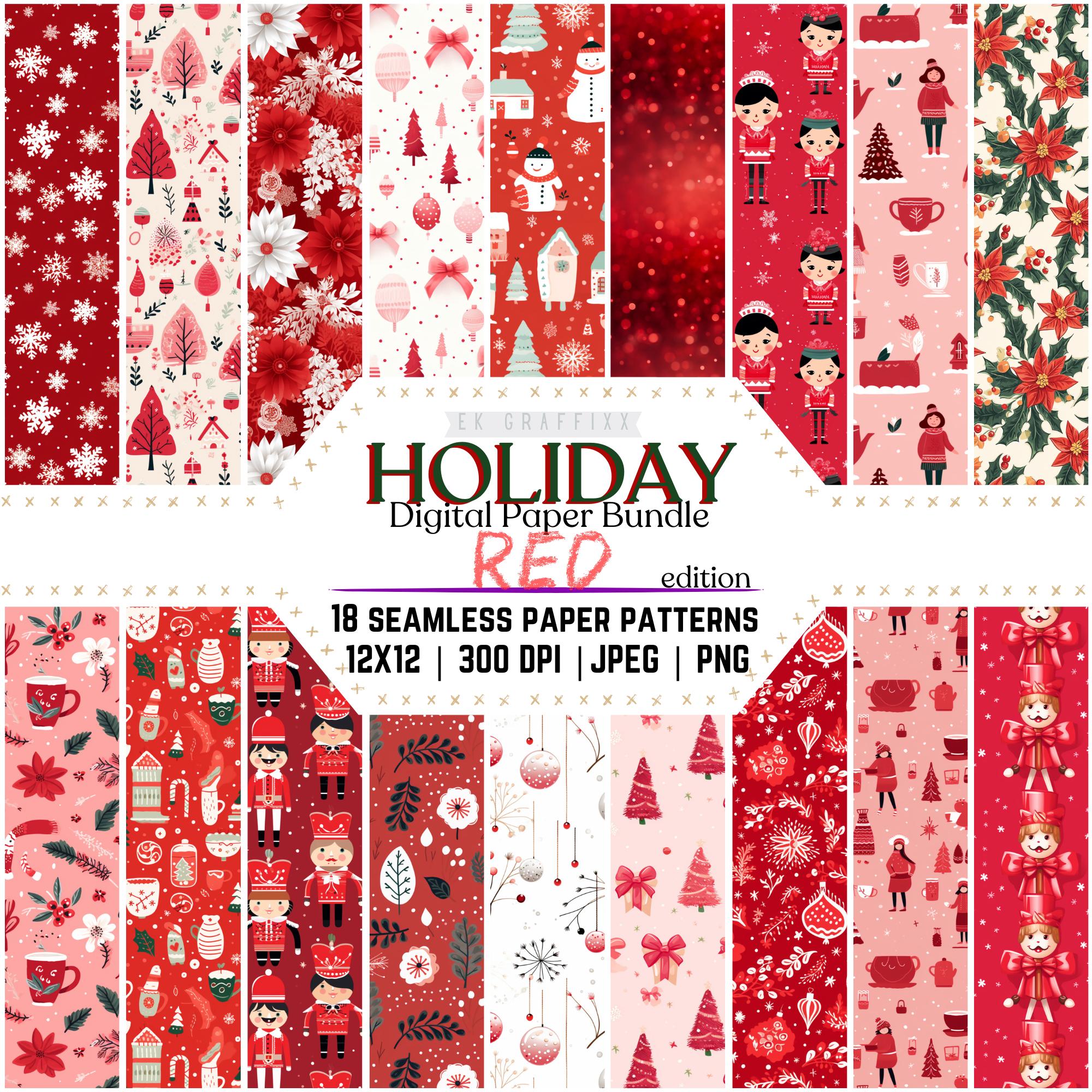 Red Christmas Digital Paper Pack: Holiday Scrapbook Patterns (Digital Download)