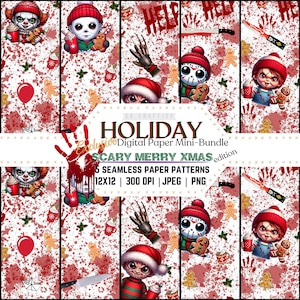 May include: A digital paper pack with five seamless patterns featuring holiday-themed illustrations of horror movie characters. The patterns include red and white splatters, gingerbread cookies, and the text "HELP".
