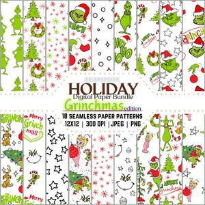 Paquet de papier numérique, papier de vacances, papier dessin animé de Noël, travaux manuels de Noël, fond de Noël, papier de film de Noël, motif grincheux, vert