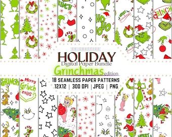 Grinch Christmas Digital Paper Pack: Seamless Holiday Patterns (Digital Download)
