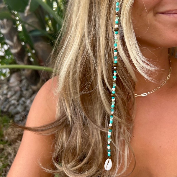 Clip-on Mermaid Hair Extension (5 COLORS) | Handmade w Beads & Cowrie Shell | Hair Jewelry Accessory Gift|Beach,Surfer,Coastal Seashell,Boho