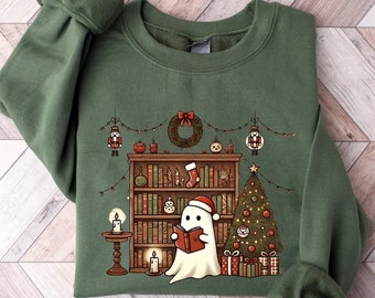 Sudadera navideña de fantasma bibliotecario, fantasma navideño retro leyendo libros, sudadera navideña para profesores, regalo de Navidad para profesores, regalo escolar de Navidad