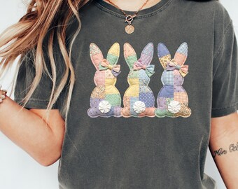Comfort Colors Faux Patchwork Bunny Tee - Vintage Cottagecore Easter Shirt - Spring Floral Graphic Tshirt