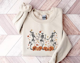 Dancing Skeleton Sweatshirt, Pumpkin Sweater, Pumpkin Skeleton Shirt, Fall Sweatshirt, Halloween Party Sweatshirt, Spooky Season Sweatshirt