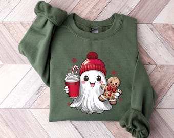 Sudadera navideña con fantasma adorable, sudadera de regalo con fantasma adorable, sudadera con fantasma y café helado, sudadera navideña con café, sudadera navideña