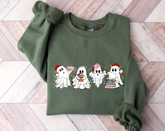 Camiseta navideña para amantes de los libros, sudadera navideña para bibliotecarios, camisetas navideñas con fantasmas leyendo libros, camiseta navideña para amantes de los libros, regalo de Navidad