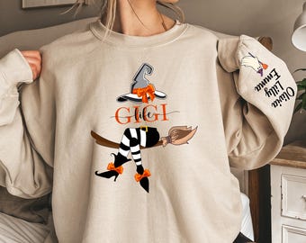 Custom Gigi Witch Sweatshirt for Halloween, Gigi Halloween Sweatshirt with Names on Sleeve, Gigi And Grandkids Names Halloween Sweatshirt