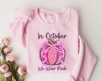 In October We Wear Pink Sweatshirt,Retro Pumpkin Football Shirt,Breast Cancer Awareness Fighter Shirt,Coquette Pink Bow Ribbon Breast Cancer