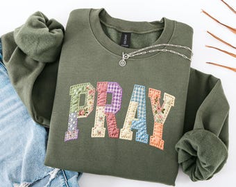 Pray Faux Quilted Religious Sweatshirt, Jesus Bible Verses Sweatshirt Women Gift Tee