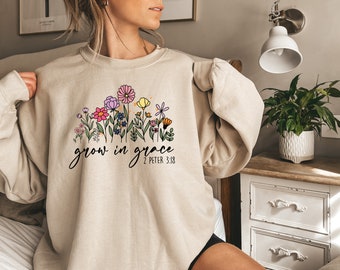Christian Tee, Grow In Grace Shirt, Grow in Grace with Wildflowers, Christian Shirt, Religious Shirt, Bible Verse Shirt