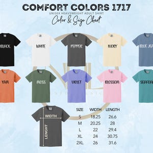 May include: A colour chart for Comfort Colors 1717 unisex heavyweight adult shirts. The chart displays various shirt colours, including black, white, pepper, ivory, blue jean, yam, moss, violet, blossom, and seafoam. A size chart is also included.