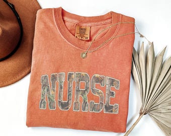 Comfort Colors® Camouflage Nurse Shirt, Nurse Gift, Nurse Shirt, Retro Nurse Shirt, Gift For Nurse, Varsity Nurse Shirt, Duck Camo Nurse Tee