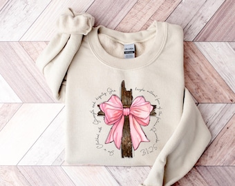 She Is Clothed In Strength and Dignity Sweatshirt, Cross Coquette Bow Shirt, Bible Verse Shirt, Womens Christian Shirt, Positive Christian